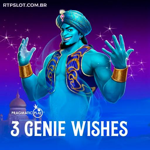 Capa do jogo de slots pagantes 3 Genie Wishes da SSSPAGA, com um gênio e sua lâmpada mágica em um cenário de conto de fadas.