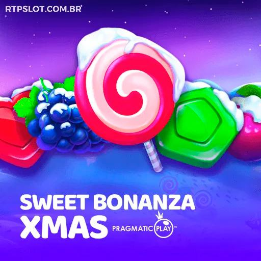Capa do jogo de slots pagantes Sweet Bonanza Xmas da SSSPAGA, com um tema natalino e doces coloridos.