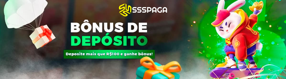 Banner promocional da SSSGAME e SSSPAGA com texto "BÔNUS DE DEPÓSITO, DEPOSITE MAIS QUE R$100 E GANHE BÔNUS!"